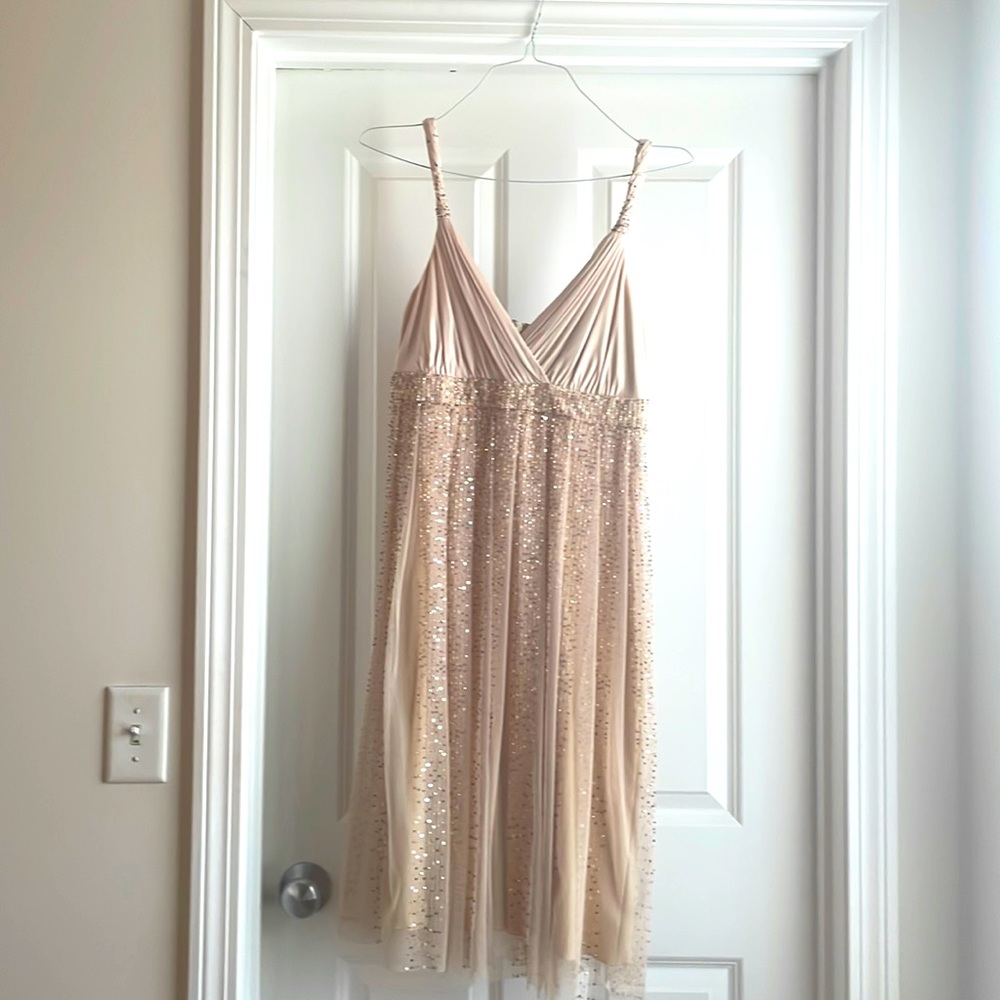 Special occasion midi dress , chiffon with sequence detail . BCBG size 8
